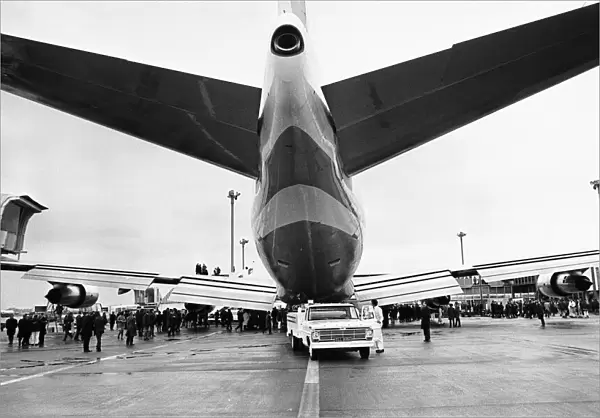 The first Boeing 747 Jumbo Jet seen here on the apron following its arrival