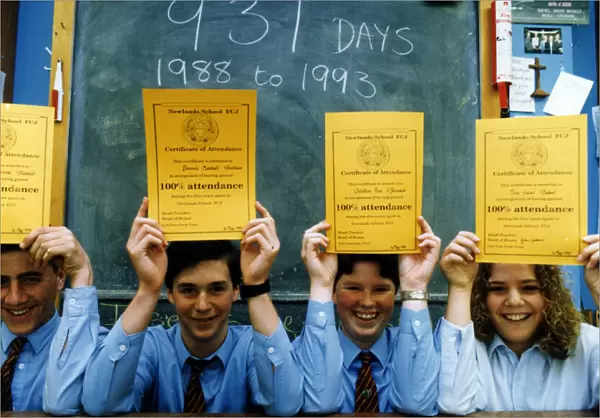 Newlands School, Middlesbrough, 13th May 1993. Pupils with 100% attendance were given