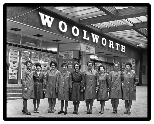 Shop assistants pose outside the New Woolworth store (possibly East Kilbride