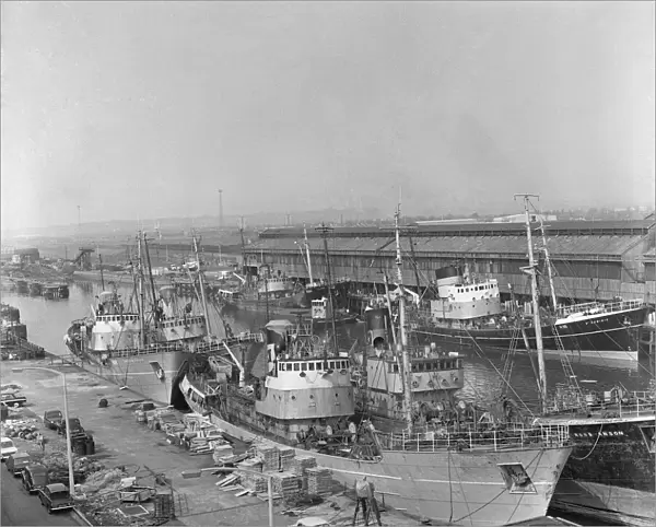 Trawlers tied up in St Andrews Dock, Hull 25th April 1968