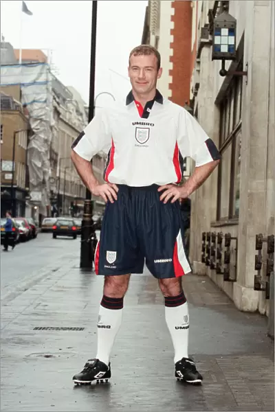 Alan Shearer promotes the new England football kit. The kit will be used for the first