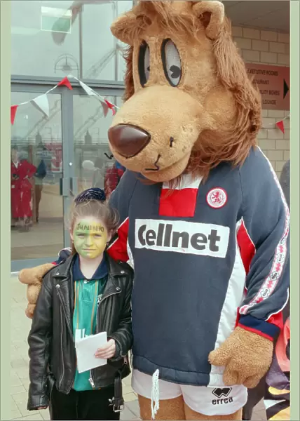 Roary the Boro mascot and a fan at Middlesbrough Football Club