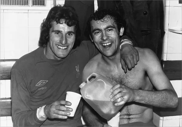 Celebrations in the dressing room at Highbury for Liverpool goalkeeper Ray Clemence