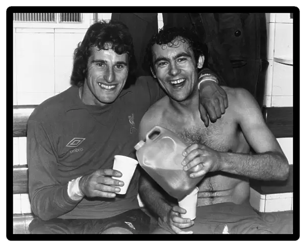 Celebrations in the dressing room at Highbury for Liverpool goalkeeper Ray Clemence