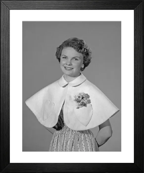 Framed Print : 1956 Felt Cape Print - Maureen Denham in Reveille Pattern Framed Print : 1956 Felt Cape Print - Maureen Denham in Reveille Pattern