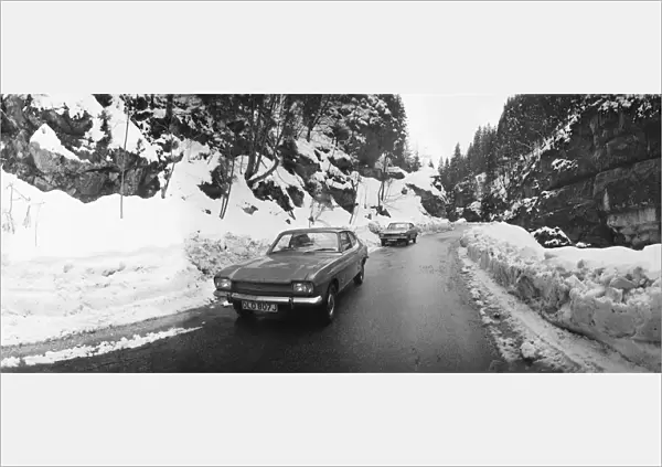 Ford Capri cars on a test drive in the Alpine Passes between Grenoble