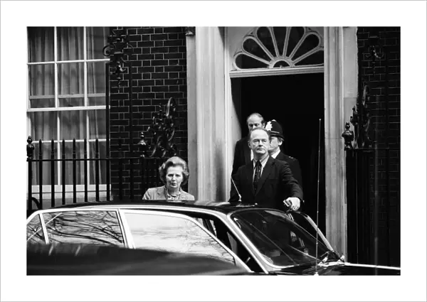 Mrs Thatcher leaving from 10 Downing Street for the House of Commons to attend