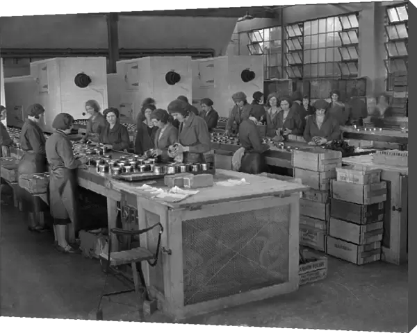Female workers putting lids on tins of Mansion Polish