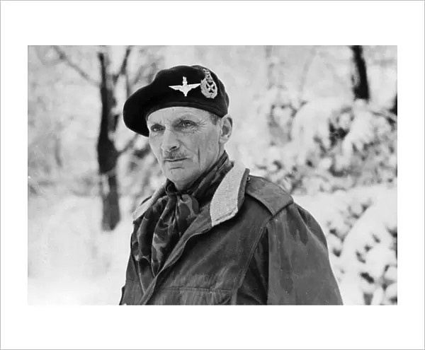 Picture shows Field Marshal Sir Bernard L Montgomery wearing his red beret with badge of