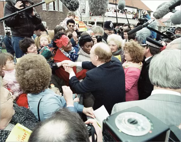 Neil Kinnock on the campaign trail in Mitcham, London. 2nd April 1992