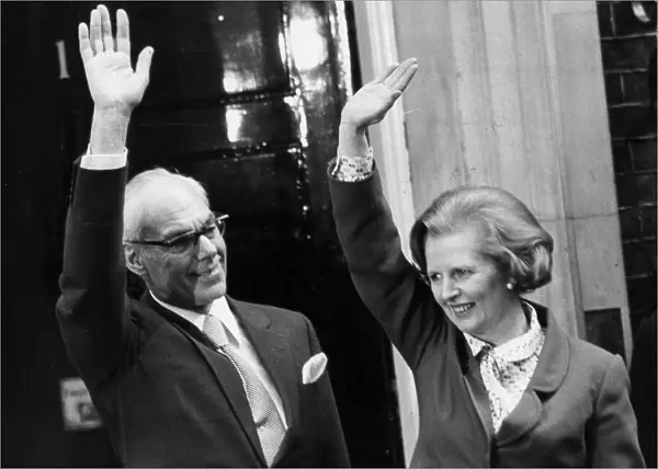 Margaret Thatcher and husband Denis waving outside 10 Downing Street 07  /  05  /  1979