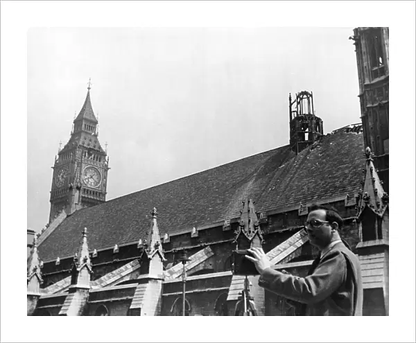 Westminster Hall roof and Big Ben 'Blitzed'. 10th May 1941