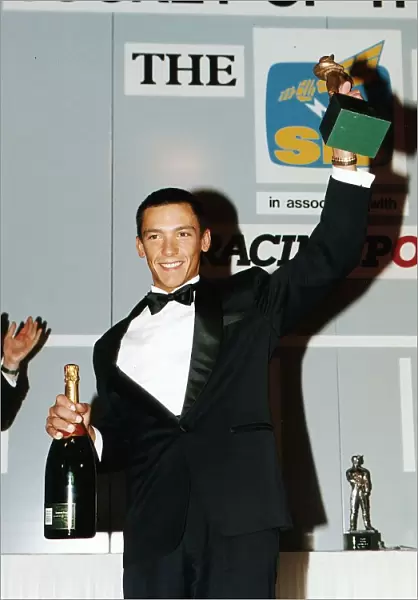 Frankie Dettori race horse jockey holds trophy and champagne Dbase
