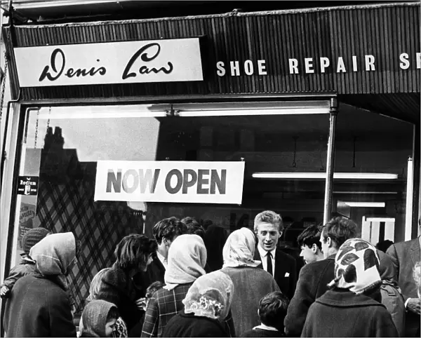 Denis Law of Manchester United opens his shoe repair shop in Moston lane, Blackley