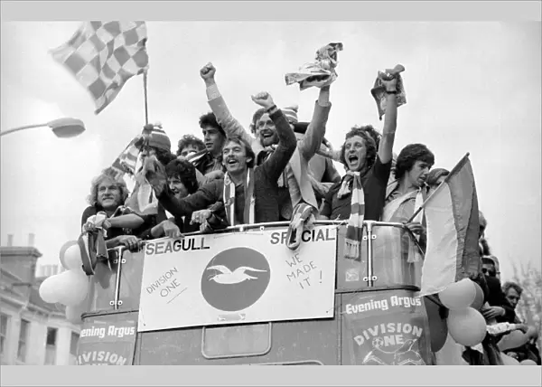 Football Players of Brighton FC - May 1979 on board an open top bus
