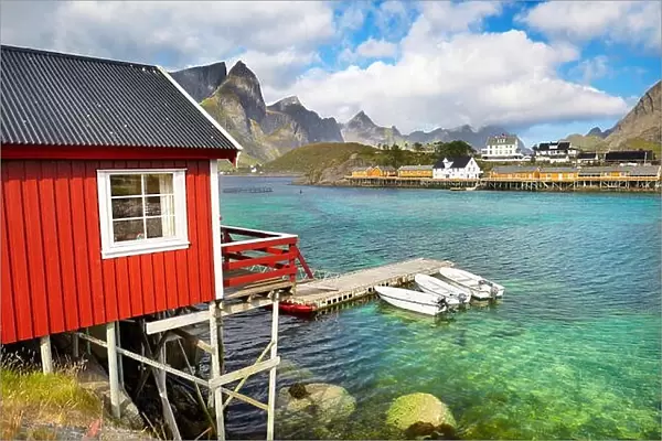 Lofoten Islands, traditional red fishermen`s huts Rorbu, Norway