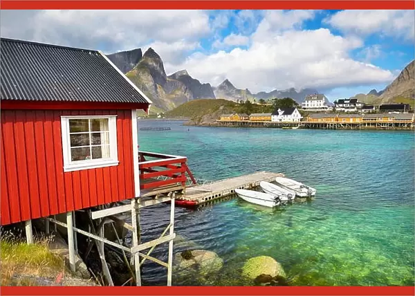 Lofoten Islands, traditional red fishermen`s huts Rorbu, Norway