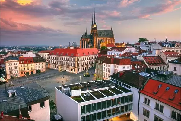 Brno, Czech Republic. Aerial cityscape image of Brno, second largest city in Czech Republic with the Cathedral of St. Peter and Paul at summer sunset