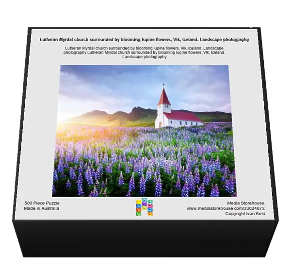 Lutheran Myrdal church surrounded by blooming lupine flowers, Vik, Iceland. Landscape photography