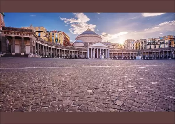 Naples, Italy. Cityscape image of Naples, Italy with the view of large public town square Piazza del Plebiscito at sunset