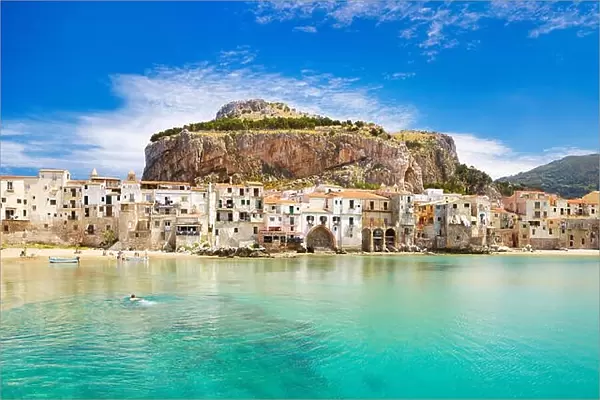 Medieval houses and La Rocca Hill, Cefalu, Sicily, Italy