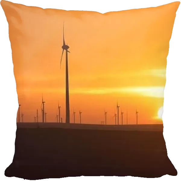 Eolian turbines park at sunet, warm light. Wind power concept