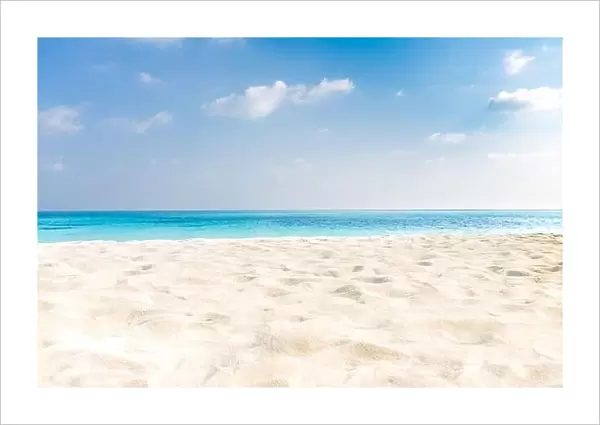 Summer beach background. Sand and sea and sky. Empty tropical beach background. Horizon with sky and white sand
