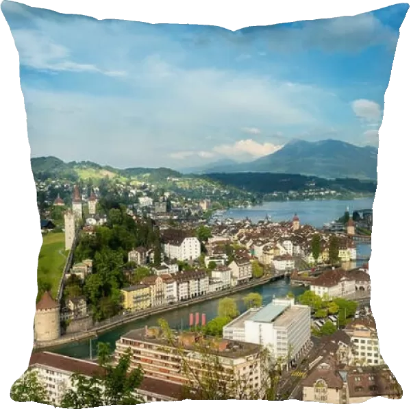 Lucerne, Switzerland. Aerial view of the old town, Lucerne city wall towers, lake Lucerne and Rigi mountain in background