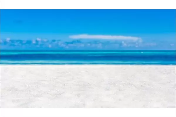 Summer beach background. Sand and sea and sky concept. Minimal island beach, white sand under blue sky with sea view