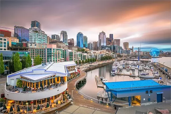 Seattle, Washington, USA pier and skyline at dusk