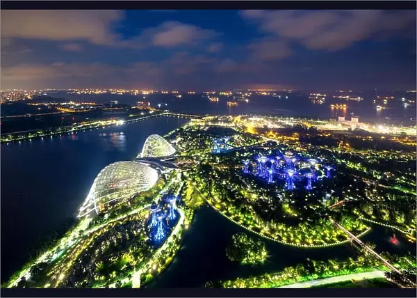 Aerial night view of Singapore Gardens near Marina Bay in Singapore in night