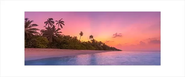Fantastic tranquil closeup view of calm sea water waves with orange sunrise sunset sunlight. Tropical island beach landscape, exotic shore coast