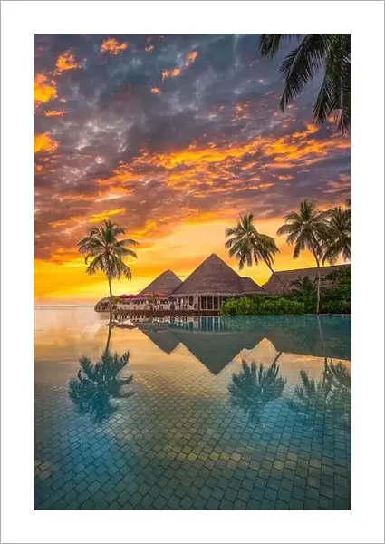 Fantastic poolside, sunset sky, palm trees reflection. Luxury tropical beach landscape, infinity swimming pool. Amazing travel background, vertical