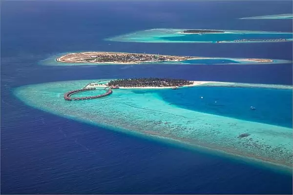 Aerial photo of beautiful Maldives paradise tropical beach. Amazing view, blue turquoise lagoon water, palm trees and white sandy beach. Luxury travel