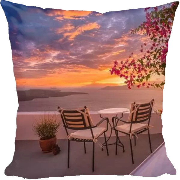 Santorini island sunset. Caldera view with street and flowers, romantic mood, couple travel vacation landscape destination scenic. Love wallpaper
