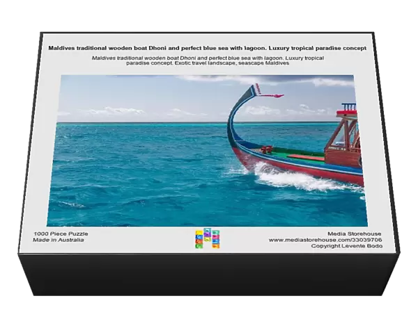 Maldives traditional wooden boat Dhoni and perfect blue sea with lagoon. Luxury tropical paradise concept. Exotic travel landscape, seascape Maldives