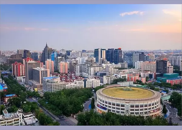Beijing, China cityscape and arena at dusk