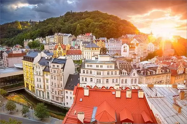 Karlovy Vary, Czech Republic. Aerial image of Karlovy Vary (Carlsbad), located in western Bohemia at beautiful sunset