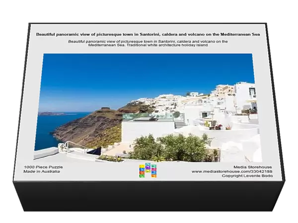 Beautiful panoramic view of picturesque town in Santorini, caldera and volcano on the Mediterranean Sea. Traditional white architecture holiday island