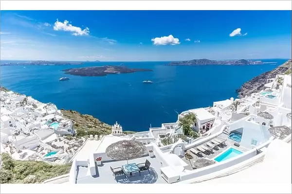 Summer vacation panorama, luxury famous Europe destination. White architecture in Santorini, Greece. Perfect travel scenery with swimming pool sea