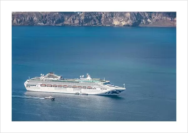 Cruise ships in Thira on Santorini island, Greece. Beautiful landscape with sea view. Cruise ships at the sea near the islands. Santorini island