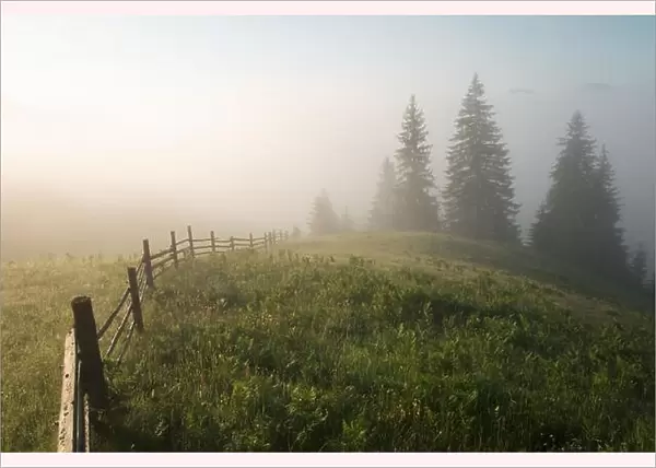 Mountain valley during sunrise. Woden fence on foggy meadow. Located place: Carpathians, Ukraine, Europe