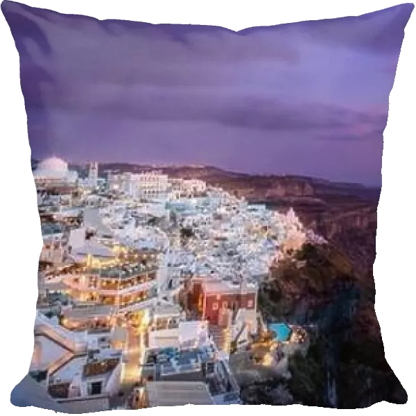 Amazing evening view of Santorini island. Picturesque spring sunset famous Greek resort Fira, Greece, Europe. Traveling concept background. Art summer