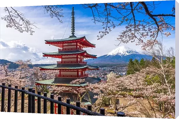 Mt. Fuji, Japan and Pagoda in springtime