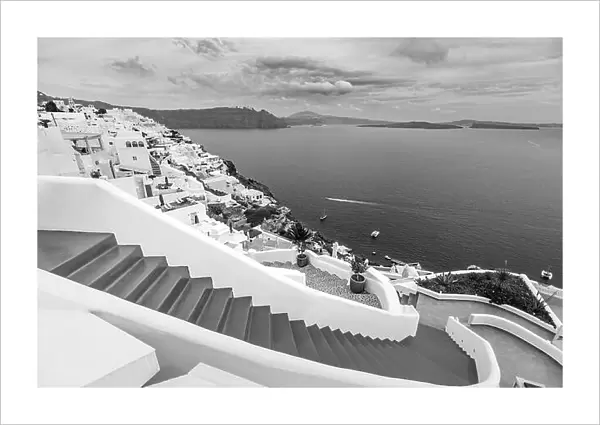 Houses of Santorini in black and white. Monochrome travel landscape, Greek architecture, summer vacation, holiday vibes. Greece village view