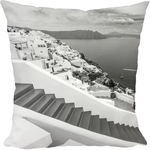 Houses of Santorini in black and white. Monochrome travel landscape, Greek architecture, summer vacation, holiday vibes. Greece village view