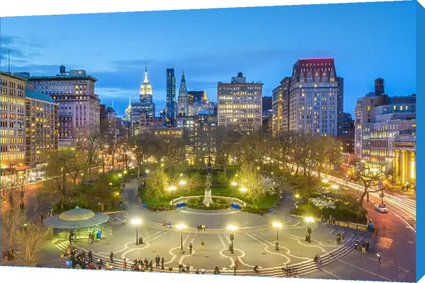 New York, New York, USA cityscape over Union Square in Lower Manhattan at twilight