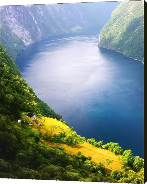 Breathtaking view of Sunnylvsfjorden fjord and famous Seven Sisters waterfalls, near Geiranger village in western Norway