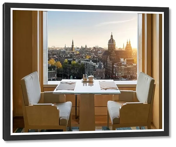 Modern luxury restaurant interior with romantic sence Amsterdam old town view in Amsterdam, Netherlands