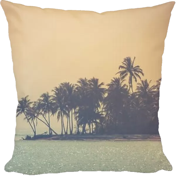 Moody topical beach background, palm trees and shine clear water surface. Perfect tropical destination background banner. Travel and tourism on beach